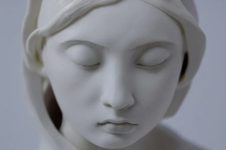 Prompt: full head and shoulders, beautiful female porcelain sculpture by daniel arsham and raoul marks, smooth, all white features on a white background, delicate facial features, white glass eyes, white lashes, detailed white 3 d giant poppies on the head