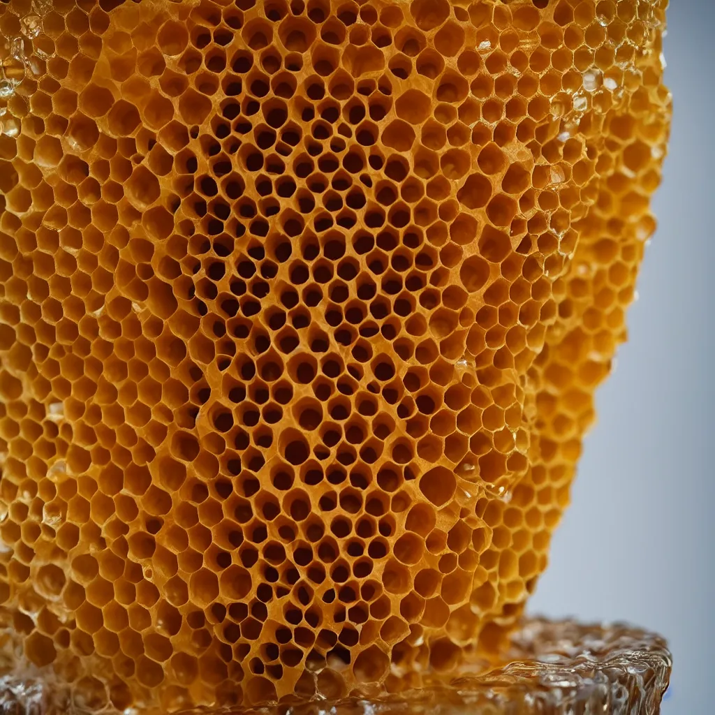 Image similar to real honeycomb vase with honey traditional shape design by tomas gabzdil libertiny, product design, film still from the movie directed by denis villeneuve with art direction by zdzisław beksinski, telephoto lens, shallow depth of field