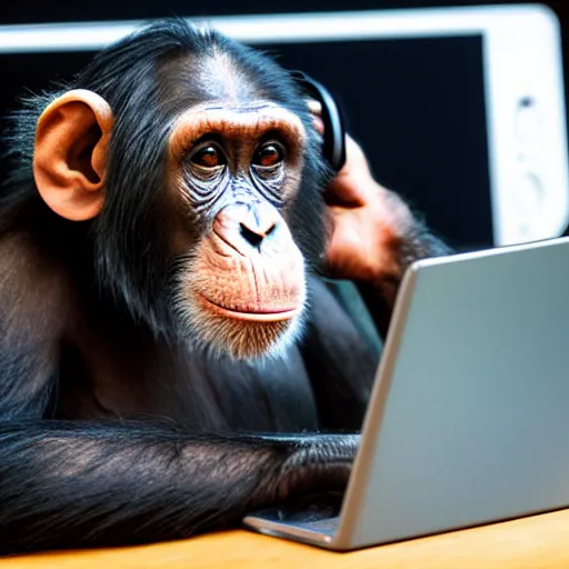 Prompt: a chimpanzee with headphones on his head sits on a chair and looks at the computer holding the mouse, fujifilm