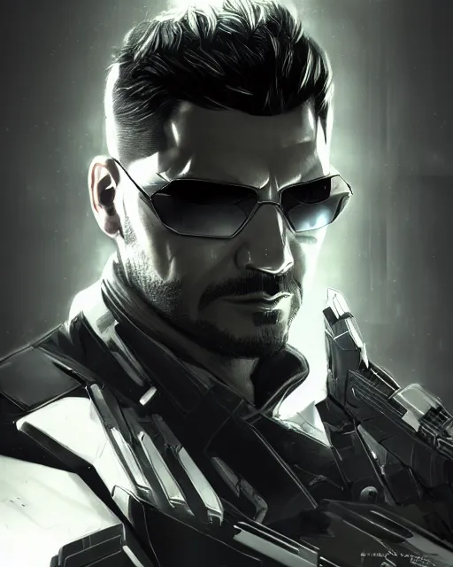 Image similar to portrait of adam jensen, deus ex influence, cyberpunk influence, artstation trending, deviantart, highly detailed, focus, smooth, by hirohiko araki, yoshitaka amano