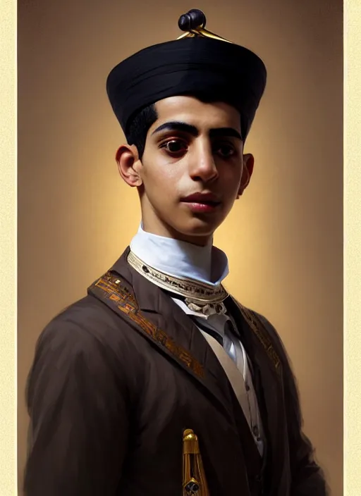 Image similar to a portrait of an egyptian boy with a crooked nose in victorian clothing, confident pose, intricate, elegant, sharp focus, illustration, highly detailed, concept art, matte, trending on artstation, anime, art by james jean and artgerm and brian despain and alberto mielgo, greg rutkowski, wlop, ilya kuvshinov, strong strokes