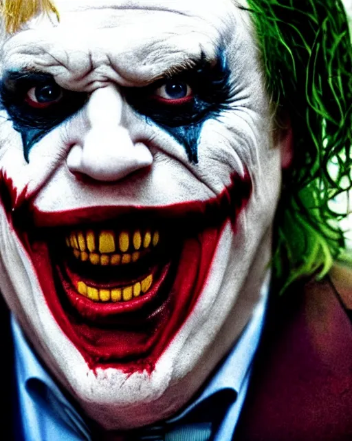 Prompt: film still close - up shot of boris johnson as the joker from the movie the dark knight. photographic, photography