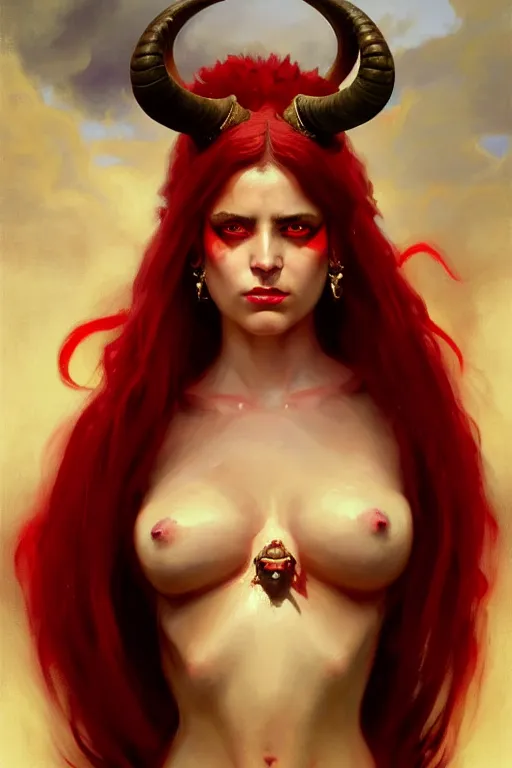 Image similar to painted close - up portrait of a attractive red - skinned intimidating demon girl with ram horns! oil painting, wearing a noblewoman's outfit, fantasy art by greg rutkowski and john singer sargent and gaston bussiere, demon noble character design, hd