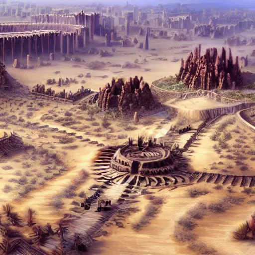 Image similar to highly detailed large kingdom in the desert, 8 k fantasy art, concept art illustration, sharp focus, intricate and smooth