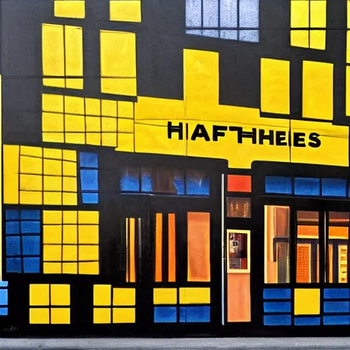 Image similar to waffle house store but the sign says awful waffle by piet mondrian, damien hirst, marcel duchamp, architecture design, detailed