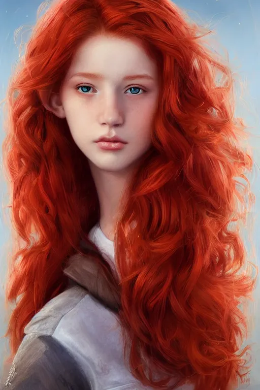 Image similar to ultra realistic style illustration of a beautiful cute red haired joyful 1 9 year old teen, full portrait, long hair, sci - fi, fantasy, intricate, elegant, digital painting, artstation, concept art, smooth, sharp focus, 8 k frostbite 3 engine, ultra detailed, art by artgerm and greg rutkowski and magali villeneuve