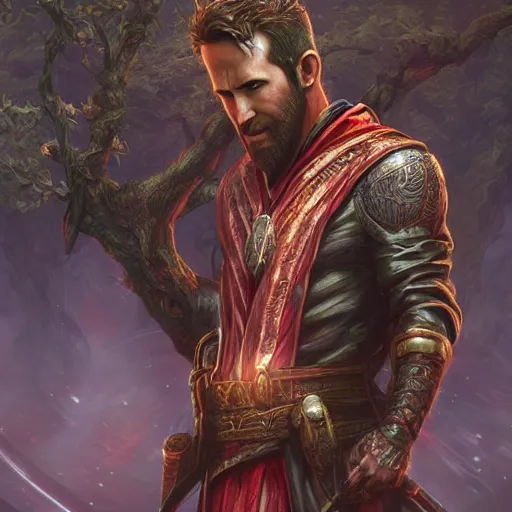 Prompt: ryan reynolds wearing wizard robes leans against a magical tree romance novel fantasy artwork epic detailed and intricate digital painting trending on artstation by wlop octane render sunglasses