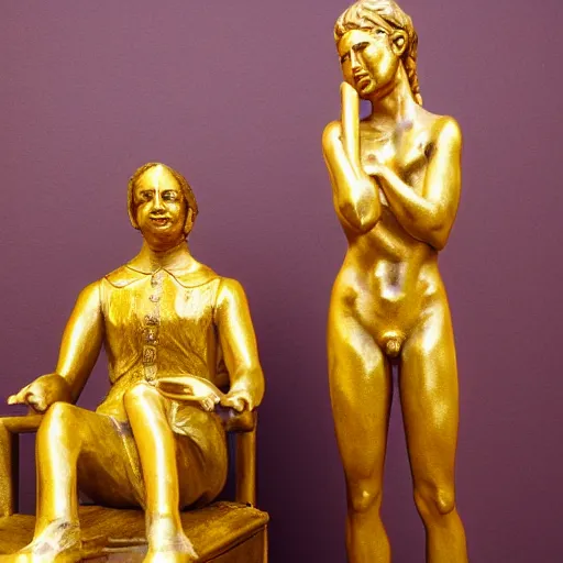 Prompt: a golden statue begging for something while holding a cane, realistic, detailed