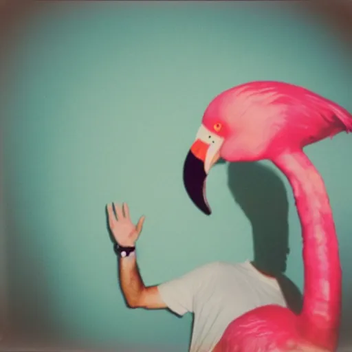 Prompt: dad on a hangover deflating a pink flamingo, polaroid photo