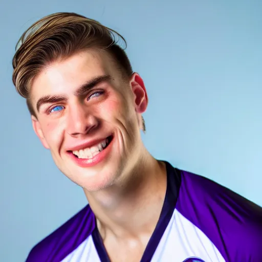 Image similar to photographic portrait of a young white male smiling with short brown hair that sticks up in the front, blue eyes, groomed eyebrows, tapered hairline, sharp jawline, wearing a purple white volleyball jersey, sigma 85mm f/1.4, 35mm, 4k, high resolution, 4k, 8k, hd, full color