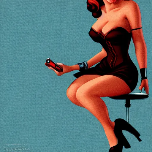 Prompt: a pin up woman playing a videogame, front view, digital art, photoshop, dark lighting, couch, control, artstation