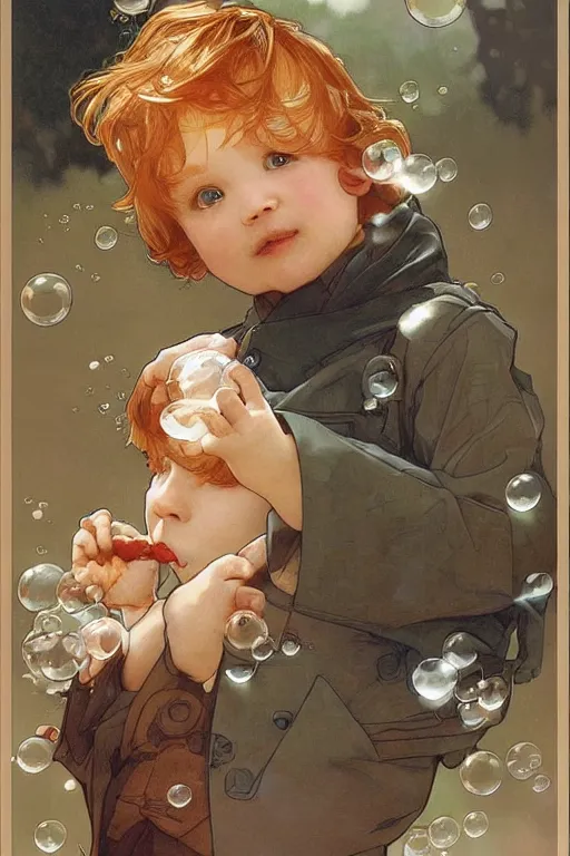 Image similar to a little boy with very short ginger hair chasing bubbles. clean elegant simple illustration, beautiful detailed face. by artgerm and greg rutkowski and alphonse mucha