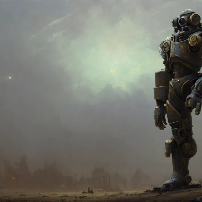 Prompt: a beautiful oil painting of a t - 5 1 power armor, fallout, fallout 4 by ivan aivazovsky and greg rutkowski and james gurney and frank lloyd and sung choi and monet, in style of impressionnisme. hyper detailed, sharp focus, soft light. unreal engine 5 lumen. ray tracing. trending on artstation. oil on canvas