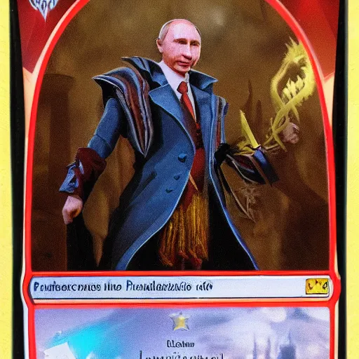 Image similar to a fully pictured magic the gathering card, depicting vladimir putin as a wizzard, 8 k