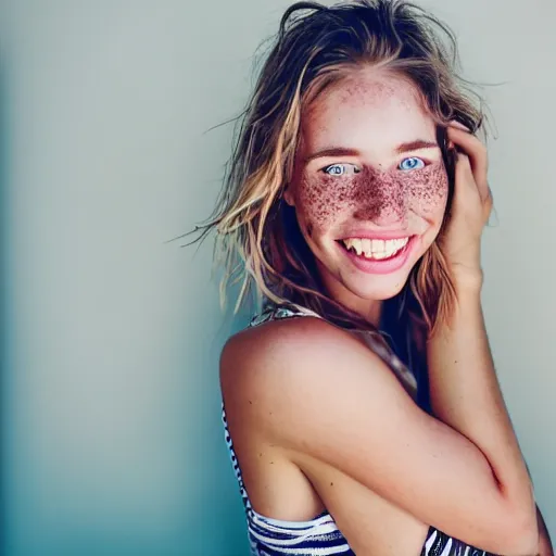 Image similar to a trending photo of over a million views from a female fashion model's instagram account, summer, freckles, smile, green eyes, natural, easygoing, healthy, nikon, leica, zeiss, 5 0 mm lens, flash fill, f 1. 8 depth of field