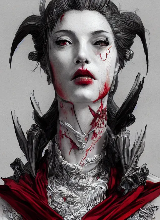 Prompt: close up portrait of a vampire in an elegant dress, red and grey colors, powerful, domineering, stoic, masterful, intense, ultrafine hyperdetailed illustration by kim jung gi, irakli nadar, intricate linework, sharp focus, octopath traveler, yoji shinkawa, highly rendered, detailed, concept art