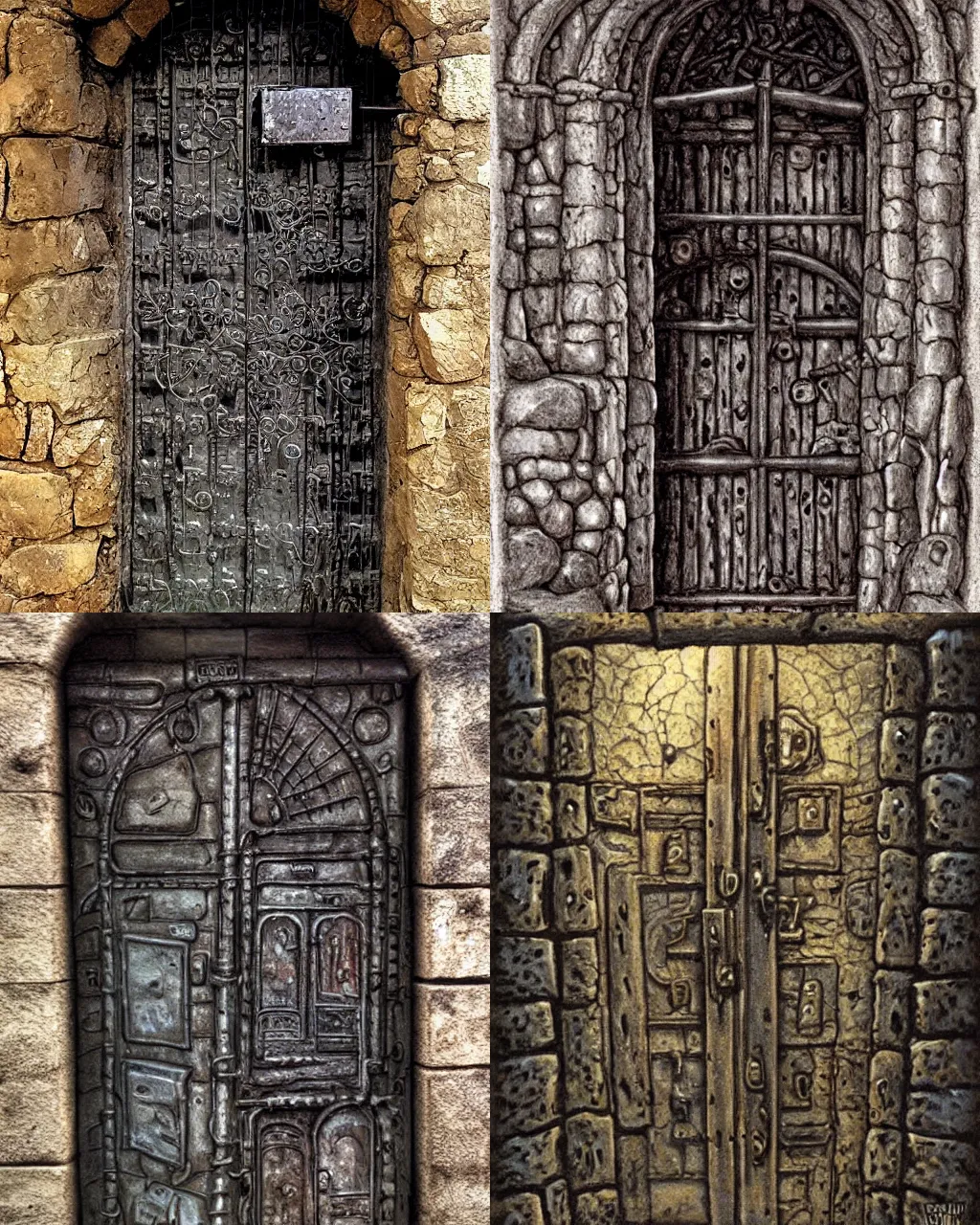 Prompt: Old metal door in a dungeon | rocks and metal | jeff easley |