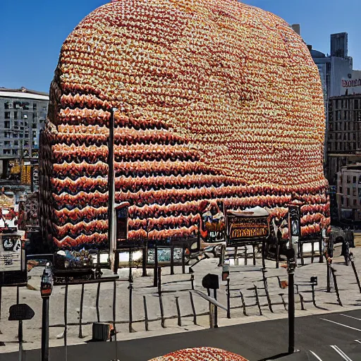 Prompt: imposing by mark briscoe, by todd mcfarlane umber. a installation art of a city made entirely out of kulich, a traditional russian easter bread. the city is bustling with activity. the installation art is playful & whimsical, with a touch of magic.