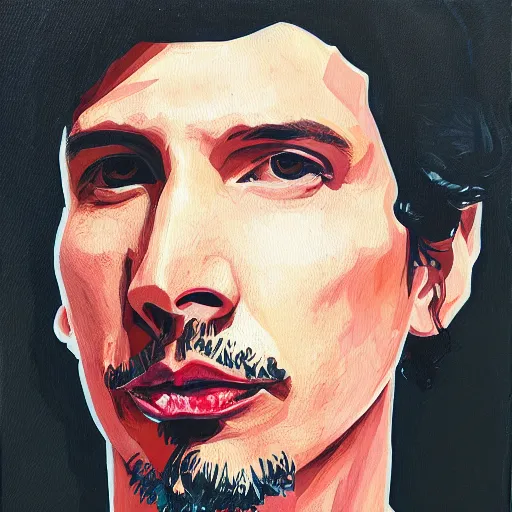 Prompt: painting of adam driver in the style of a disco elysium portrait, painted by aleksander rostov
