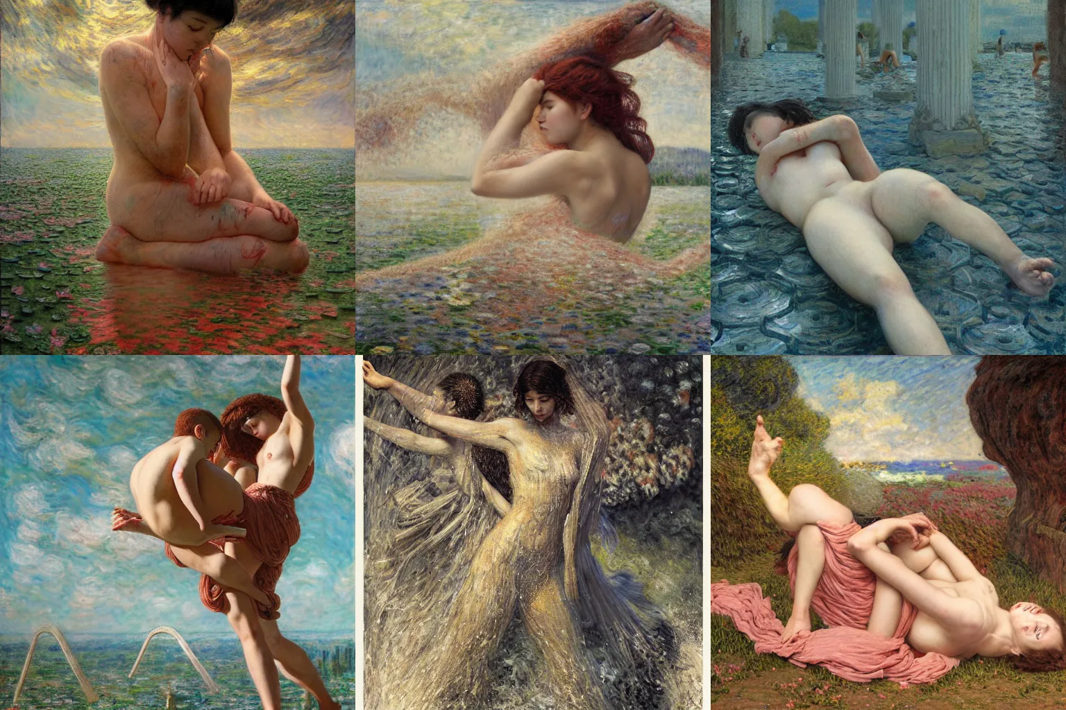 Prompt: metaphor of the collapse of a physical structure, figures, in the style of jeremy enecio, intricate, miles johnston, monet, cynical realism, john william godward, painterly, yoshitaka amano, miles johnston, louise zhang, matt murphy, enes dirig, pekka halonen, finnish naturalism, realism