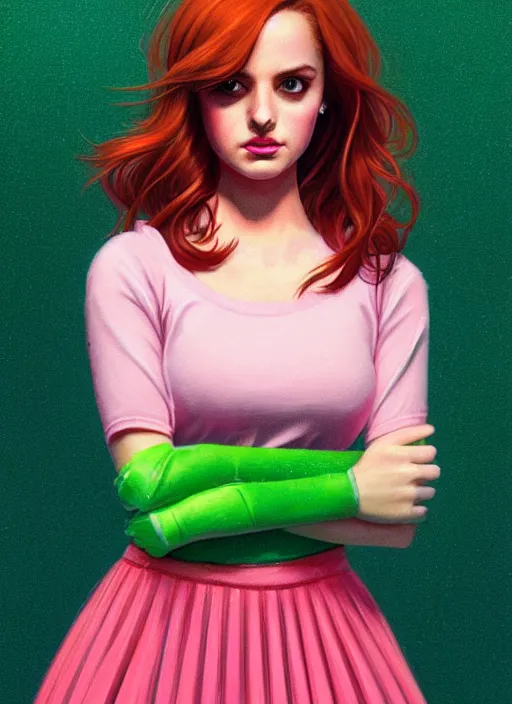 Image similar to full body portrait of teenage cheryl blossom, bangs, green eyes, sultry expression, red hair, sultry smirk, bangs and wavy hair, pink skirt, intricate, elegant, glowing lights, highly detailed, digital painting, artstation, concept art, smooth, sharp focus, illustration, art by wlop, mars ravelo and greg rutkowski