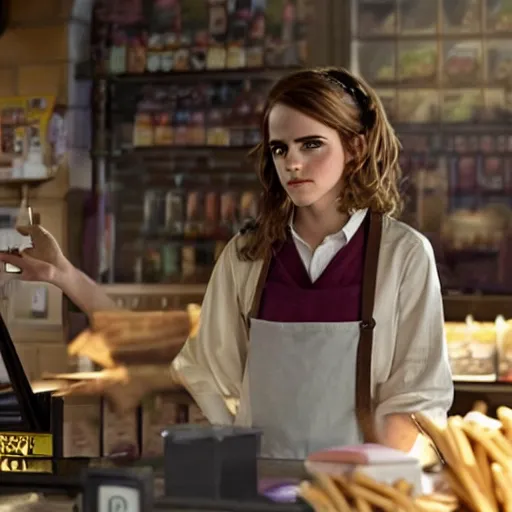 Prompt: Still of Emma Watson as Hermione Granger working the counter at a fast food restaurant. Prisoner of Azkaban. During golden hour. Extremely detailed. Beautiful. 4K. Award winning.