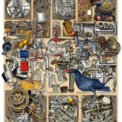 Image similar to a chaotic scene of a crazy machine with lots of details and contraptions. there is a small pair of scissors hidden in the details. the illustration is very detailed and intricate, with a lot of small elements that come together to create a cohesive whole. it uses a limited palette of colors, which helps to create a cohesive and unified look.