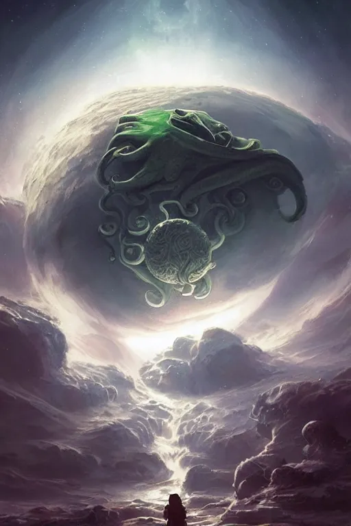 Image similar to cthulhu in space looking at earth, larger than earth, huge, towering, gigantic, high octane, 8 k, digital art, magic the gathering, mtg, by greg rutkowski, trending on artstation