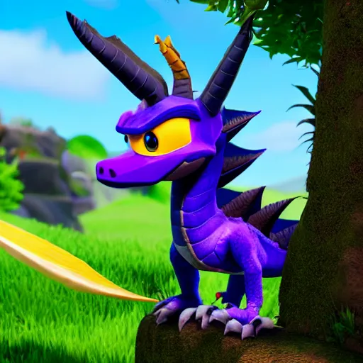 Image similar to Hyperrealistic photo of real life Spyro the Dragon, 4k