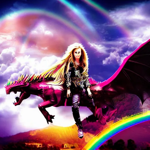 Prompt: photograph of avril lavigne riding a dragon through the clouds with rainbows and unicorns, high medieval fantasy, full color digital art, cinematic shot, portrait, wide shot.