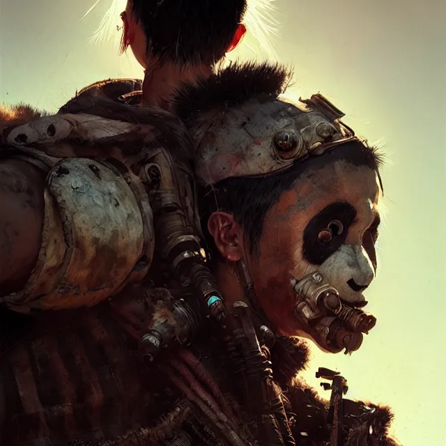 Image similar to hyper realistic photography portrait of postapocalyptic madmax cyberpunk asian japanese face panda vallejo, back shot, craig mullins greg rutkowski, artstation, cgsociety