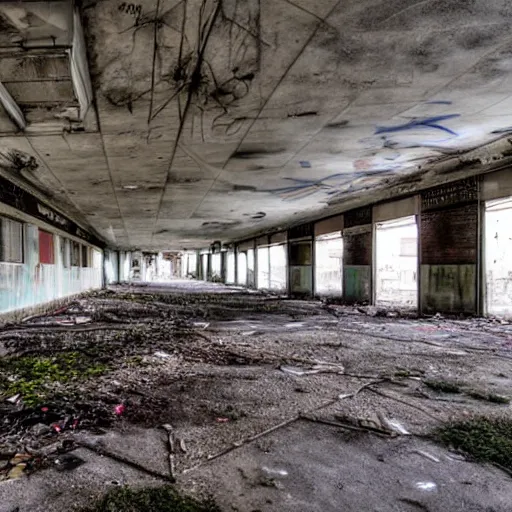 Prompt: Abandoned shopping mall, urbex photo. Low lighting, graffiti.