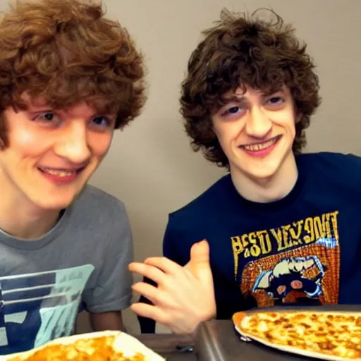 Prompt: Meteos and Sneaky having a great time at Bobby's pizza party