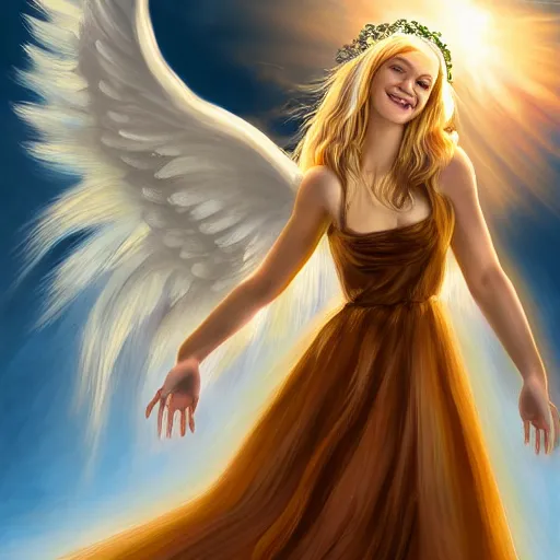 Image similar to a painting of an angel, a young woman with long blond hair and a halo smiling in heaven, highly detailed, digital art