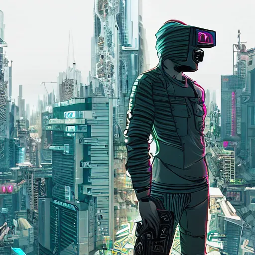 Prompt: cyberpunk hacker in front of bangkok by josan gonzalez