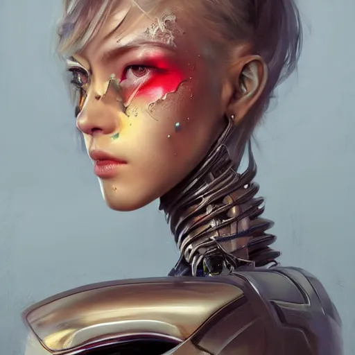 Image similar to A masterpiece portrait of a Incredibly beautiful half slightly damaged robot girl Combat makeup. Vogue. trending on artstation, digital art, by Stanley Artgerm Lau, WLOP, Rossdraws, James Jean, Andrei Riabovitchev, Marc Simonetti, Yoshitaka Amano