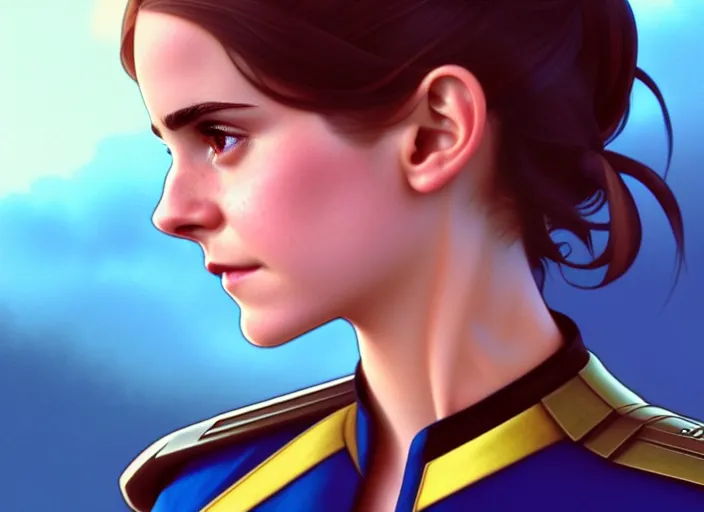 Image similar to a disney film still of emma watson as a star trek officer, finely detailed features, closeup of the face, perfect art, dusk, blue hour, gapmoe yandere grimdark, trending on pixiv fanbox, painted by greg rutkowski, makoto shinkai, takashi takeuchi, alphonse mucha, akihiko yoshida