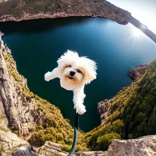 Image similar to a cream-colored havanese bungee jumping, gopro photo, 4k