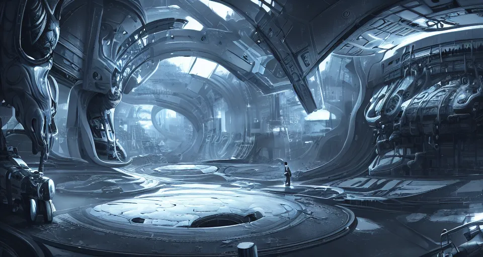 Prompt: A beautiful artwork illustration, detailed, level design, third person, The pristine halls of an organic alien spacecraft, biomechanical structures, subsurface scattering, realistic, featured on Flickr, wide angle, horizontal orientation, very coherent, cinematic, hyper realism, high detail, octane render, 8k