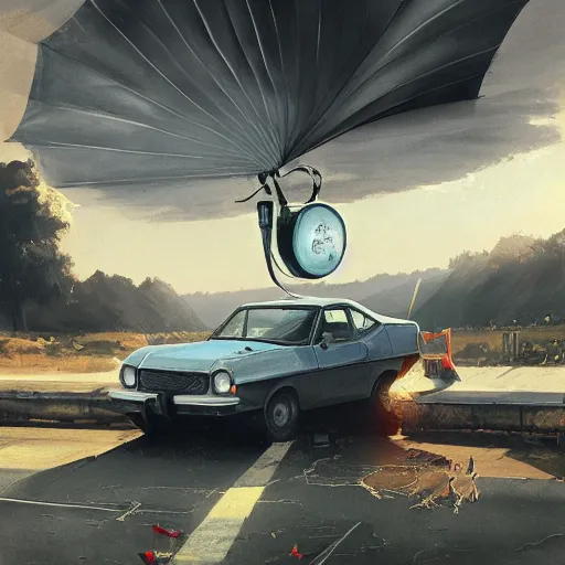 Prompt: A car with a giant fan attached to its hood pointing straight ahead , beautiful digital art, cinematic composition, detailed, concept art, Matt painting, oil painting, high res, norman rockwell artwork style,
