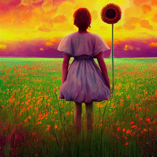 Image similar to giant daisy flower face, girl standing in a flower field, surreal photography, sunrise dramatic light, impressionist painting, colorful clouds, digital painting, artstation, simon stalenhag, flower face