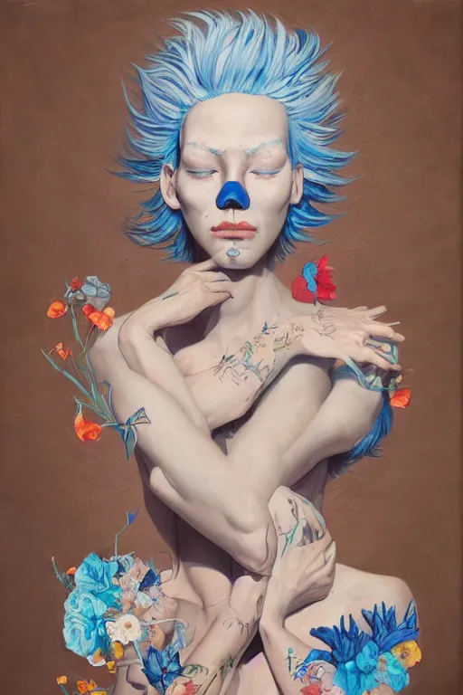 Image similar to a painting of a man with blue hair and flowers on his chest, a surrealist painting by james jean, trending on cgsociety, pop surrealism, androgynous, grotesque, angular