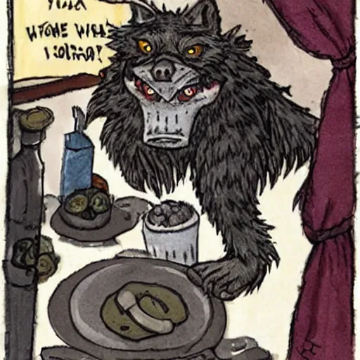 Prompt: A werewolf looking in disgust at his lunch