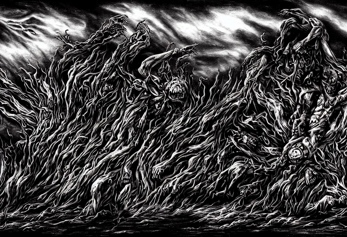 Image similar to dark burning sky with suffering shadows of dead humans with arms outstretched towards the sky, crushed souls under machines of hate, rivers of blood, nuclear waste, hell fire , under the eye of evil and monstruos alien god, blood incantation, revelation of death, radiation, sickness, disease, plague, fantasy, intricate, elegant, highly detailed, digital painting, artstation, concept art, smooth, sharp focus, octane render, dramatic lighting, volumetric lighting, cinematic lighting, art by artgerm and greg rutkowski and alphonse mucha and wlop