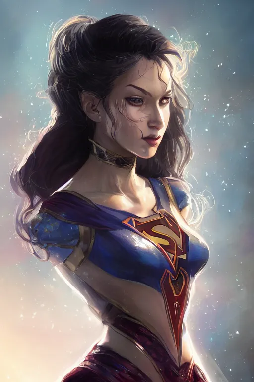 Image similar to three quarters portrait pose of a beautiful woman,super heroine costume,super powers, fantasy, intricate, elegant, highly detailed, digital painting, artstation, concept art,shining, sharp focus, illustration, art by Stanley Lau