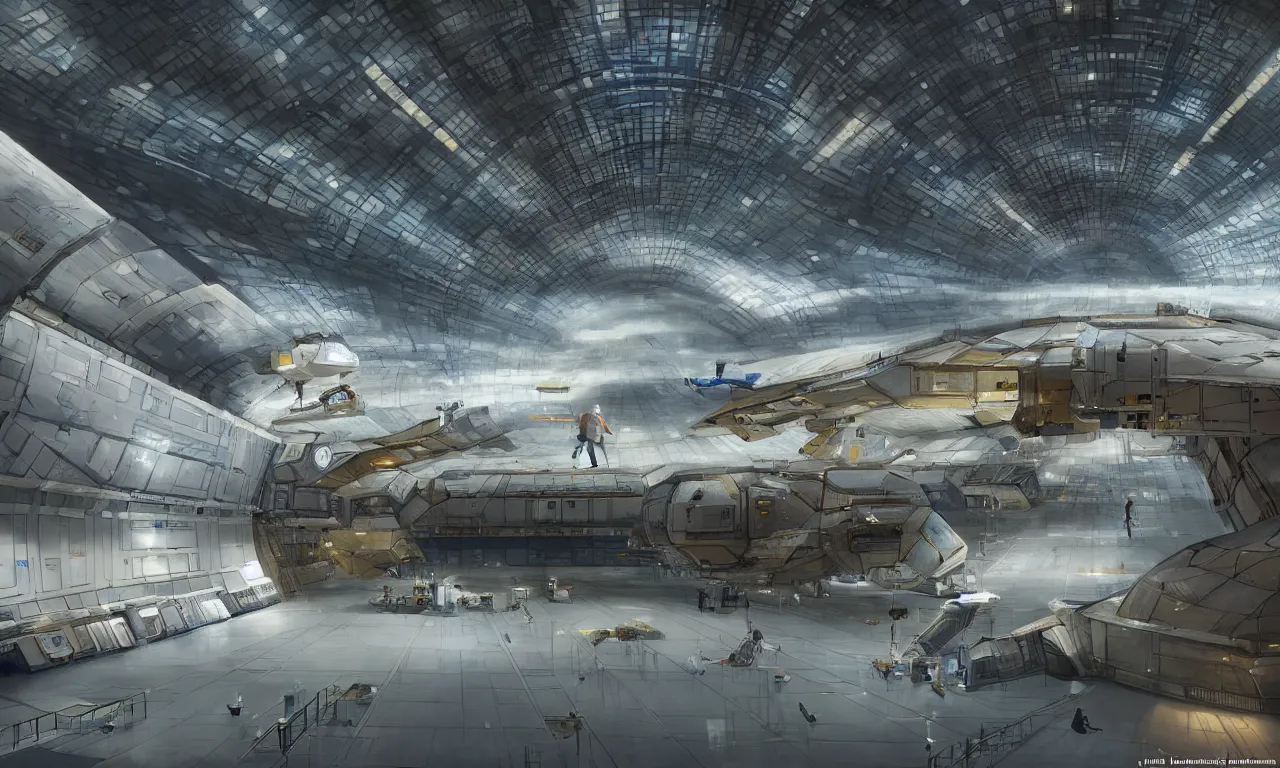 Image similar to A room inside a large hangar of the space station by Jose Daniel Cabrera Pena and Leonid Kozienko, concept art