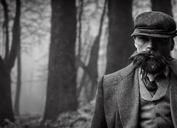 Prompt: an an scene from peaky blinders, medium long shot, filmed in the dark woods, guns fired, leonardo dicaprio and daniel day - lewis, faces covered in shadows, detailed and symmetric faces, black and white, cinematic, epic,