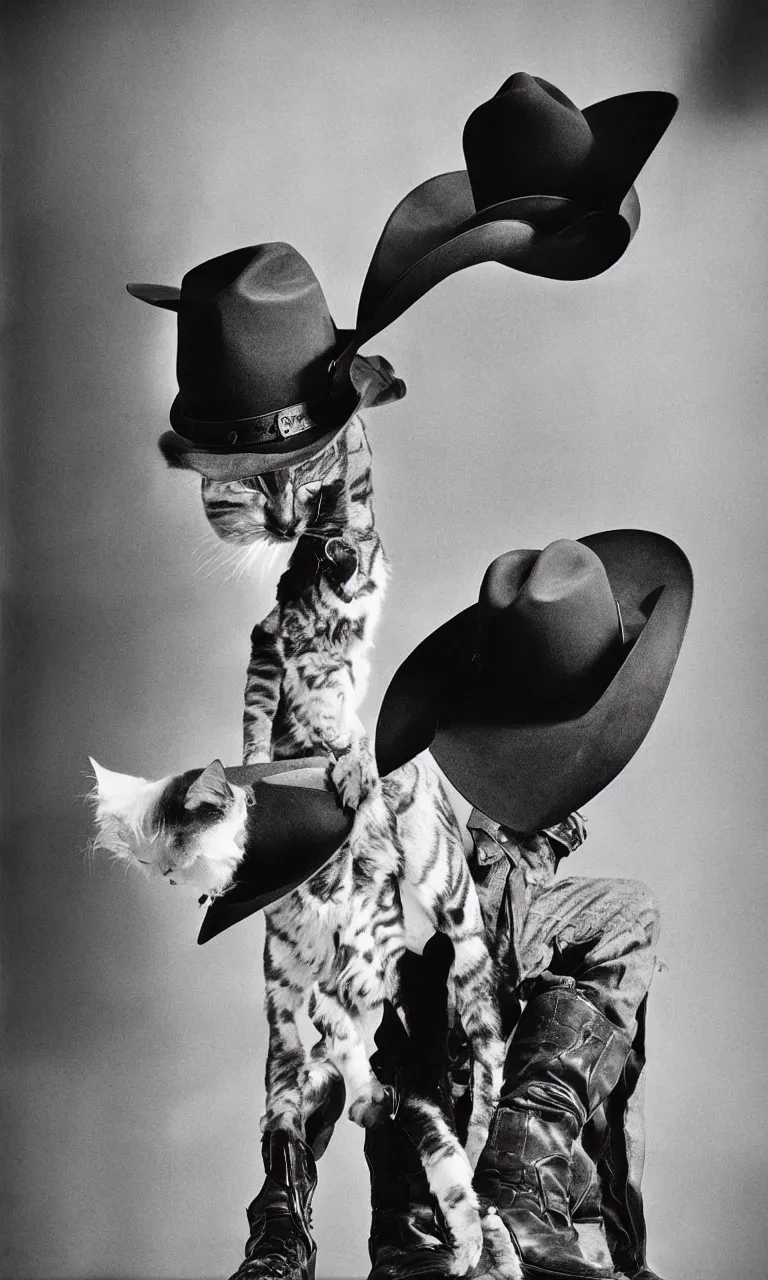 Prompt: Cat wearing a cowboy hat and boots by Anton Corbijn