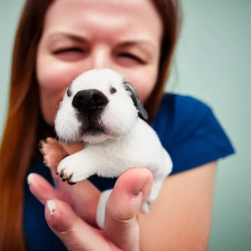 Image similar to photo of person with mouth open with tiny miniature puppy inside mouth