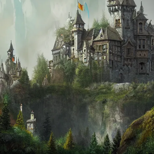 Image similar to a painting of a castle in the middle of a forest, a detailed matte painting by senior environment artist, cgsociety, gothic art, matte painting, rendered in unreal engine, artstation hq